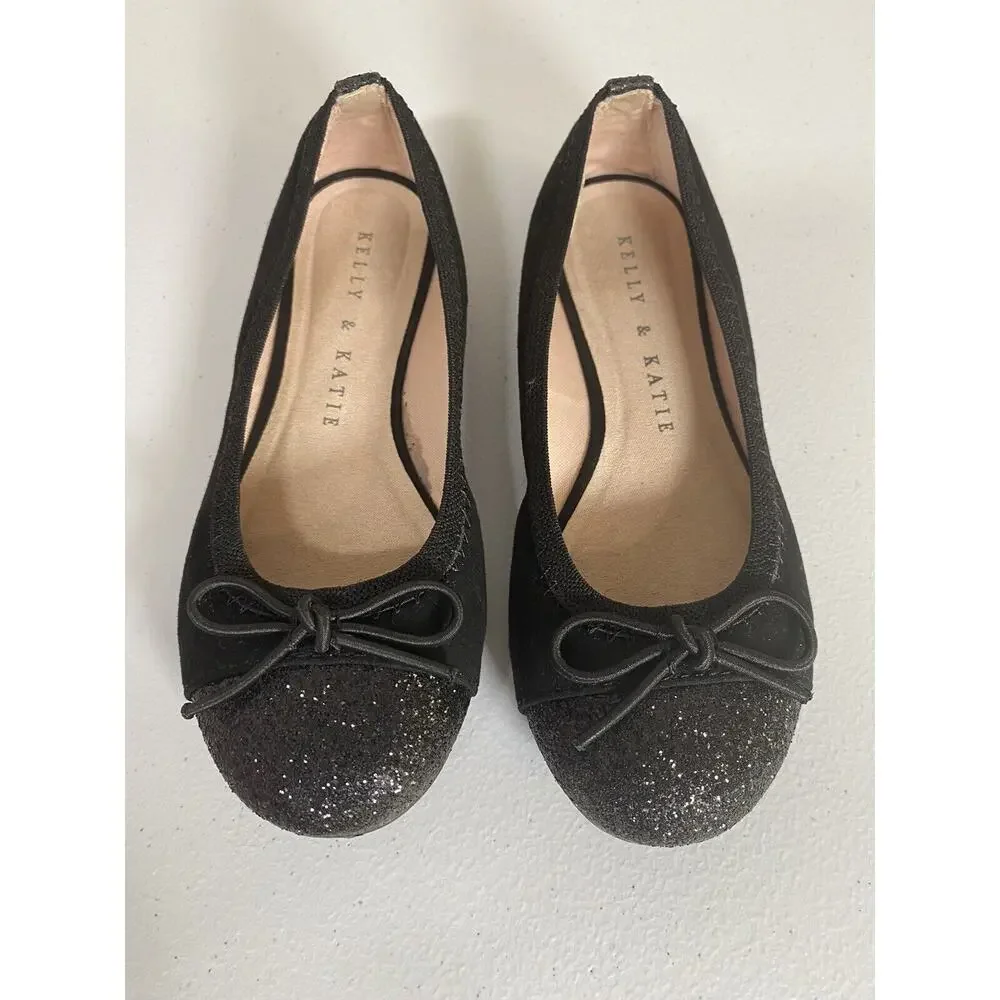Kelly & Katie Flats Girl's 12M Black Fiona Faux Suede Glitter Capped Toe w/‎ Bow